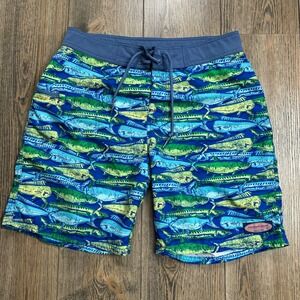 Vineyard Vines Mens Mahi Mahi Fish Print Board Shorts Blue Green Size 30 Swim